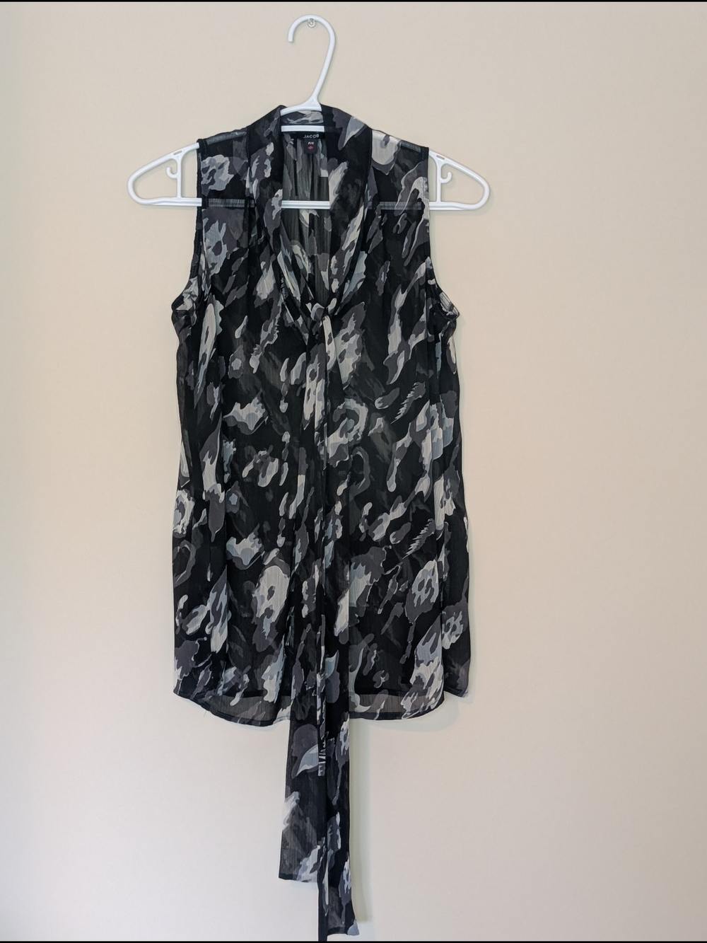 Tie-Front Sleeveless Blouse in Black & Gray by Jacob, Size Small